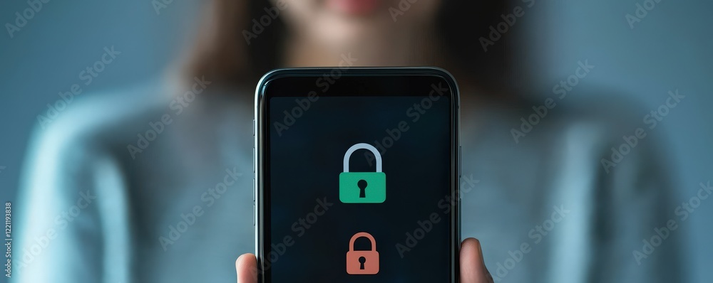 Aufkleber spam call phone security concept. a person holds a smartphone displaying lock icons, symbolizing sec
