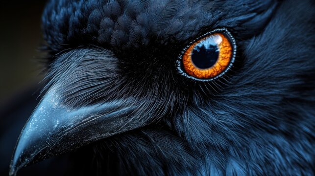 Close-up of a raven's striking eye, showcasing intricate details and vibrant colors against a blurred background