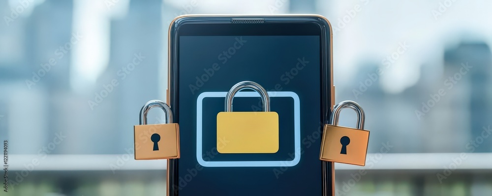 Poster spam call phone security concept. mobile phone displaying a lock symbol, representing security and p