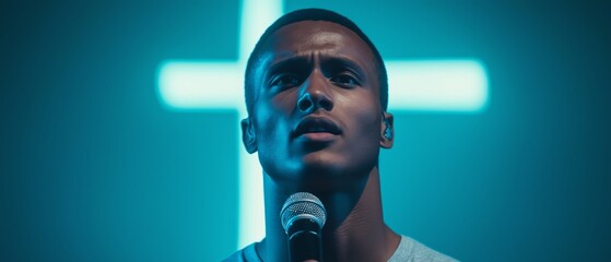 A passionate young man singing into a microphone against a backdrop of blue light and a glowing cross. The image captures the emotional intensity of a live performance.