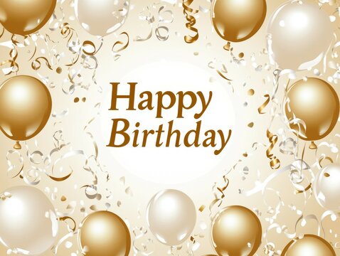 happy birthday card, celebration card featuring golden and white balloons 