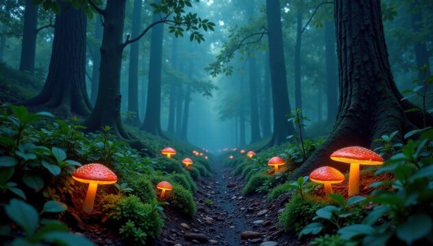 Dark, misty forest floor with dense foliage and glowing mushrooms, dense, floor, dark