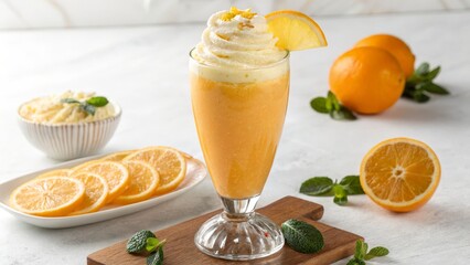 Fototapeta premium Orange Creamsicle Smoothie Whipped Cream, Orange Slices, Glass, Food Photography, Recipe, Orange Smoothie Orange Smoothie,Creamsicle Recipe