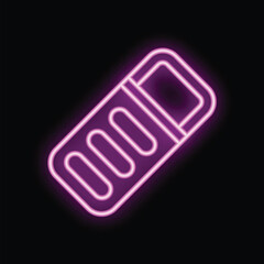Neon eraser icon with glowing purple contour on a black background, suitable for design elements about stationery