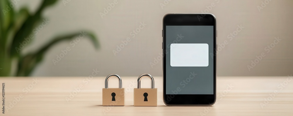Poster spam call phone security concept. mobile phone with locks symbolizing security and privacy on a wood