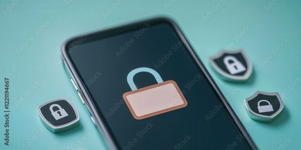 Poster spam call phone security concept. mobile device with a padlock symbol, representing digital security