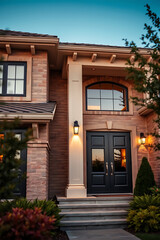 Fototapeta premium Luxury Brick House Exterior at Night. Modern Home Design, Real Estate Photography