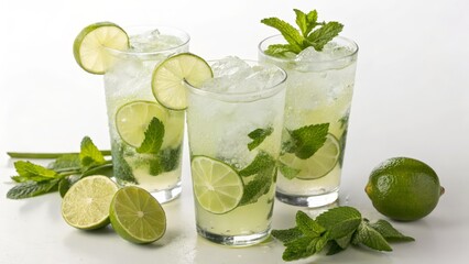 Fototapeta premium Refreshing Mojito Trio Iced Lime and Mint Cocktail, Close-up Photography, Summer Drinks Concept, Mojito, Lime, Mint Mojito, Cocktail