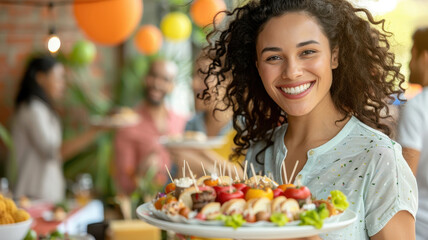 cheerful woman holding plate of appetizers at vibrant neighborhood block party, surrounded by colorful decorations and people enjoying diverse cuisines in lively outdoor setting