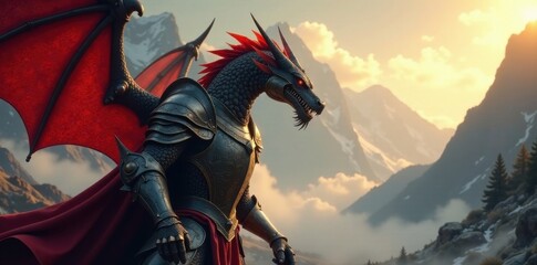 Naklejka premium knight with dragon in background, chivalry, armor