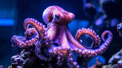 Obraz premium Octopus aquarium exhibit, underwater scene, vibrant colors, ocean life, educational