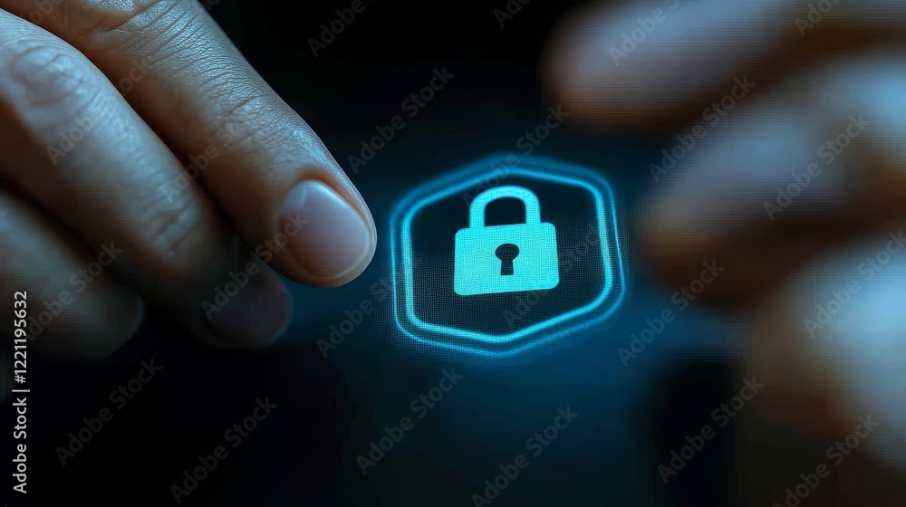 Poster enhanced security, person accessing digital pad with padlock icon for data protection and access con