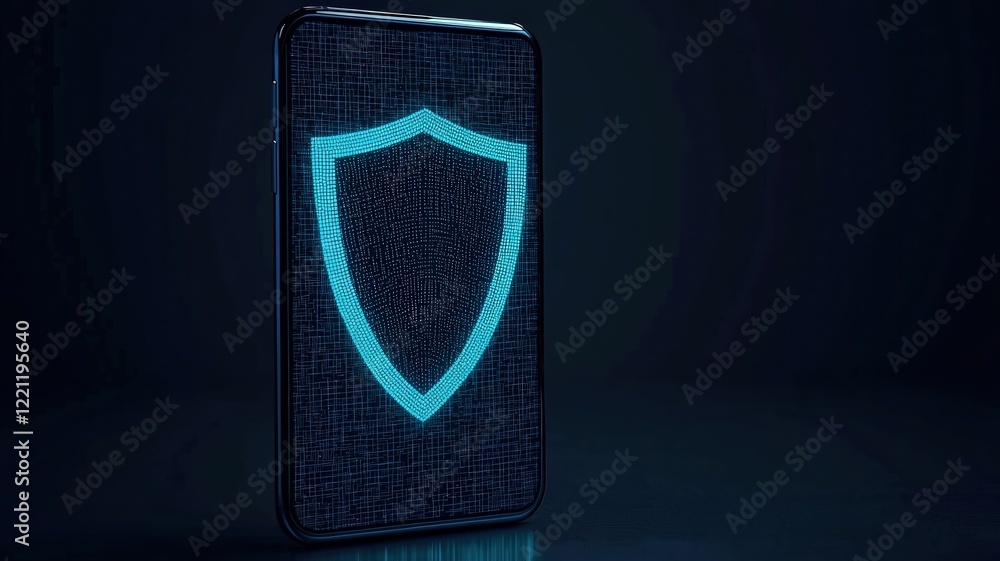 Poster spam call phone security concept. digital shield on a smartphone, symbolizing cybersecurity and prot