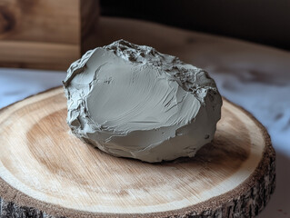 Plain grey air dry clay on wooden circular board
