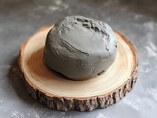 Plain grey air dry clay on wooden circular board
