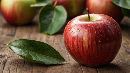 red apple on wooden background