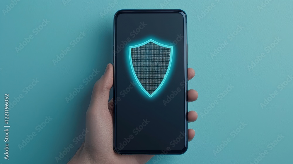 Poster spam call phone security concept. a hand holding a smartphone displaying a glowing shield symbol, re