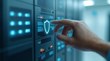 Fototapeta premium Hand initiates data processing by activating server button in a center