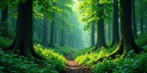 Obraz premium Lush forest with tall trees and vibrant greenery, trees, nature