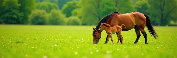 Obraz premium Mare and foal grazing in lush green meadow, unicorn, grazing, nature