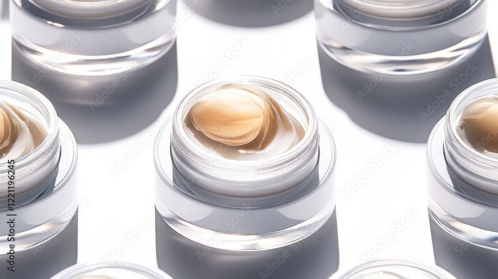 Aufkleber close-up of luxurious cream jars arranged in a symmetrical pattern on a reflective surface