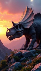 Massive Triceratops skull on rocky outcropping at sunrise, tricera, skull, rocky