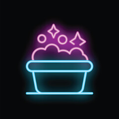 Neon sign icon of a basin with foam, representing washing clothes or dishes