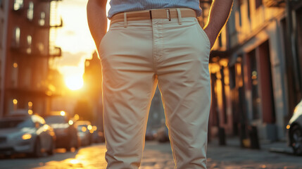 Fototapeta premium A man stands in the street at sunset, showcasing casual style with light-colored pants, surrounded by urban scenery