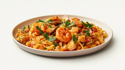 Delicious Seafood Pasta with Shrimp and Clams on a White Plate