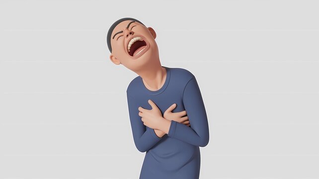 Cartoon character in pain, holding stomach while laughing on white background