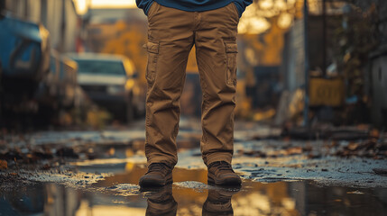 Casual fashion in urban setting, showcasing stylish cargo pants and boots, perfect for outdoor adventures