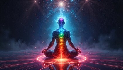 Spiritual figure meditating with glowing chakras and cosmic background, symbolizing inner peace and energy, with copy space