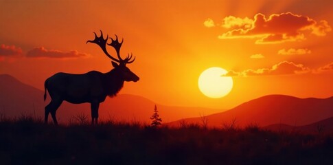 Hunting silhouette of large game animal against sunset background , hunting, animal, landscape