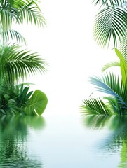 Fototapeta premium Lush Tropical Jungle Reflection - Serene jungle scene, mirroring tranquility, lush foliage, vibrant greens, misty atmosphere. Symbolizes peace, nature, serenity, growth, and paradise.