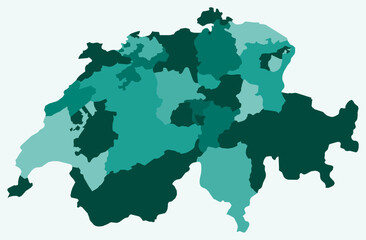 Map of Switzerland with regions. A simple country border map with regional division in a teal color palette. A blank Switzerland shape with administrative division. Vector illustration.