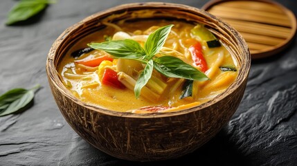 Authentic Thai Curry Noodles in Creamy Coconut Base Served in Bamboo Basket, Delicious Vegetable Infusion