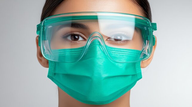 Closeup of a woman wearing protective mask and goggles