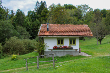 Casetta di montagna sul pendio con prato verde alberi bosco e cielo