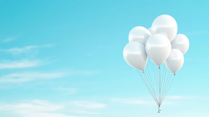 Fototapeta premium White Balloons Against Blue Sky: A cluster of pristine white balloons floats against a backdrop of a vast, clear blue sky, a serene symbol of joy and celebration.