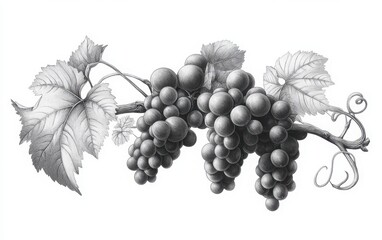 Fototapeta premium A monochrome vector illustration of ripe grapes on a gracefully arching vine, with detailed leaves and swirling tendrils, crafted in a vintage wood engraving style using pen and ink