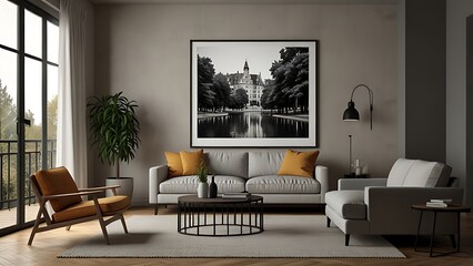 Asthetic composition of living room interior with modular sofa, black coffee table, white armchair, carpet, pouf, dark wall and personal accessories. Home decor. Template