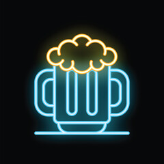 Neon sign illuminating a foamy glass of beer against a dark background
