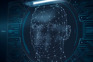 Close-up of a digital face recognition scan, with abstract lines and dots mapping human facial features in a high-tech setting.
