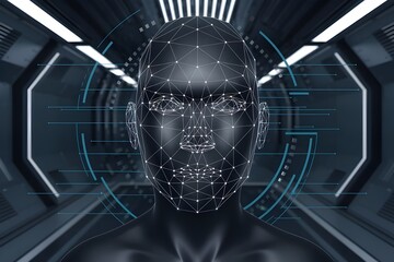 Close-up of a digital face recognition scan, with abstract lines and dots mapping human facial features in a high-tech setting.
