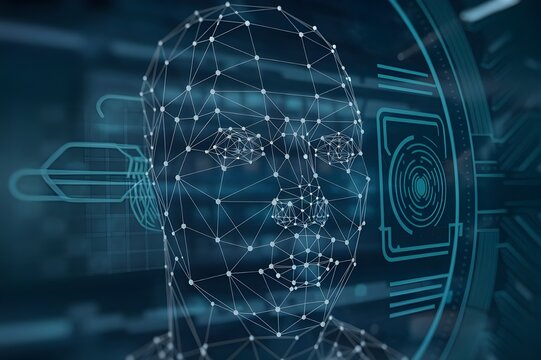 Close-up of a digital face recognition scan, with abstract lines and dots mapping human facial features in a high-tech setting.
 - Powered by Adobe