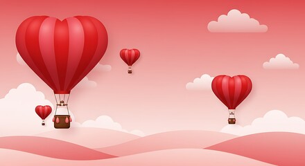 Obraz premium Romantic Hot Air Balloons in Red & Pink Over Dreamy Pastel Landscape