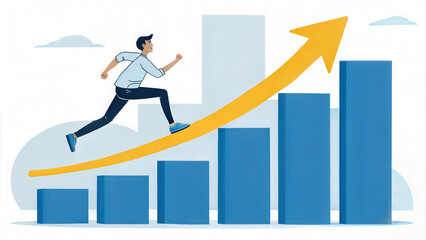 Fototapeta premium Businessman running up a bar chart with an upward trend, symbolizing growth and success, with copy space
