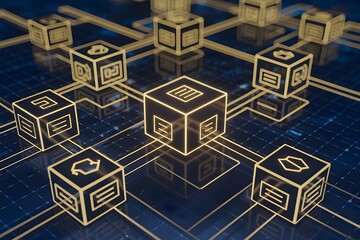 Abstract art of interconnected glowing blocks representing blockchain technology, with a dark digital grid background.
