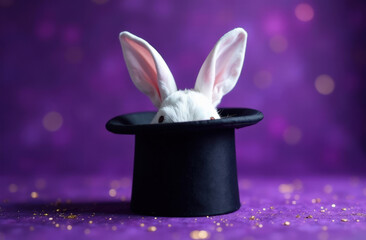 White rabbit peeking from magician's top hat against purple background