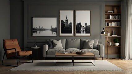 Asthetic composition of living room interior with modular sofa, black coffee table, white armchair, carpet, pouf, dark wall and personal accessories. Home decor. Template